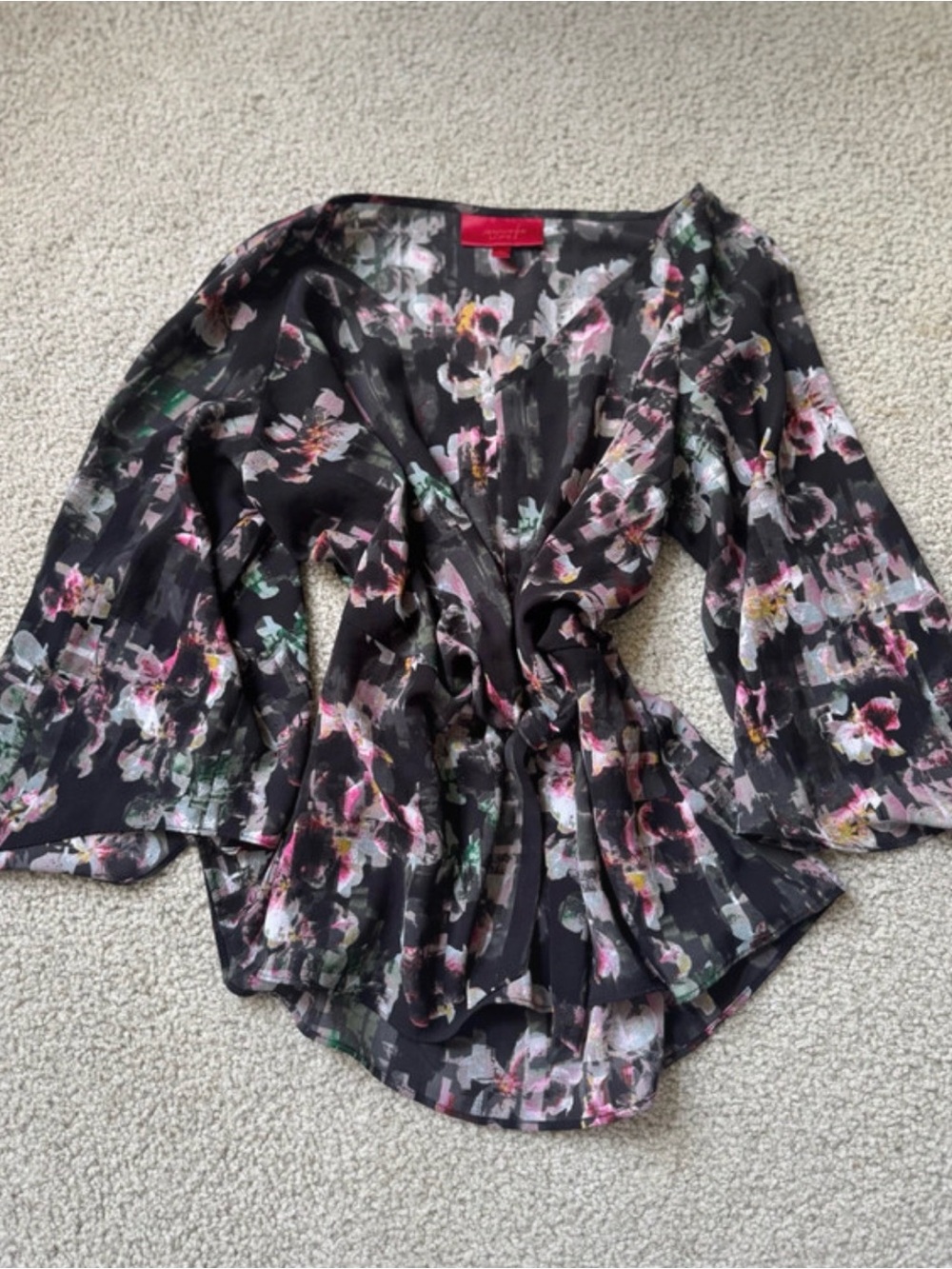 Vintage Jennifer Lopez Black Floral Tie-Front Blouse with Pink & Green 2000s y2k
